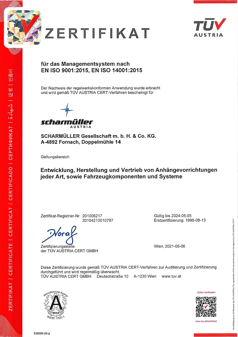 TÜV ÖNORM EN ISO 9001:2015 u. 14001:2015
